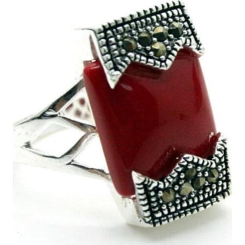 Free Shipping wholesale good 12*20mm FANCY RARE VINTAGE RED CORAL BELT 925 SILVER MARCASITE RING SIZE 7/8/9/10