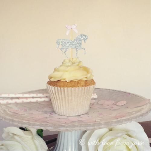 Glitter Carousel horse Cupcake Toppers bridal baby Shower birthday wedding Bachelorette party treat food picks decorations