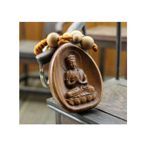 Wood Carved Chinese Dari Kwan Yin Buddha Statue Pendant Key Chain