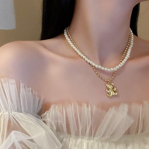 South Koreas new pearl bear double-layer neck chain clavicle chain net red temperament short money jewelry female