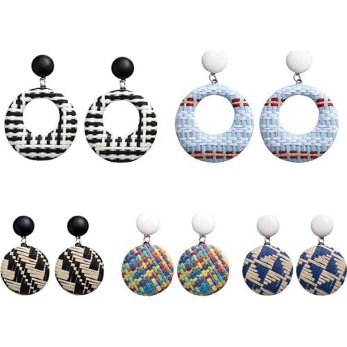 Wooden Bohemian Round Gifts Unique Circle 5 Colors Seaside Rattan Wicker Straw Handmade 1Pair for Women New Drop Earring