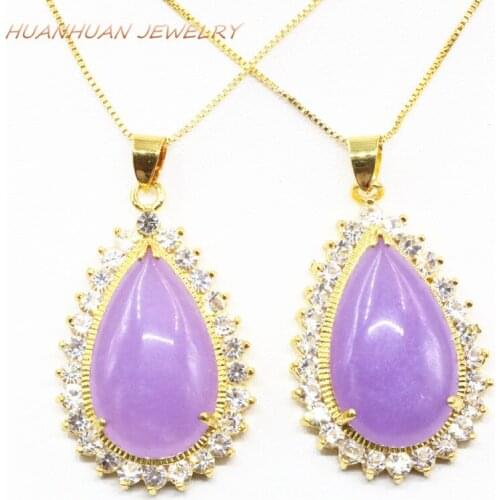 Purple Drop Pendant Stone Jewelry Stainless Steel Chain Crystal Natural Jades Chalcedony 25x39mm Pendants Chain For Women B3320