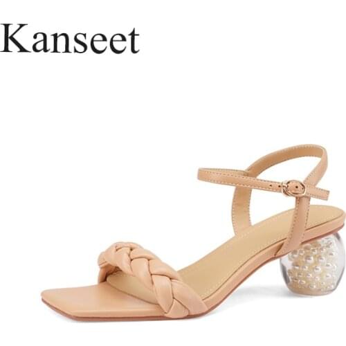 Kanseet Daily Crystal Pearl Heels Women Sandals Party Dress 2021 New Summer Women Sandals Buckle Strap Female Mid Heels Shoes