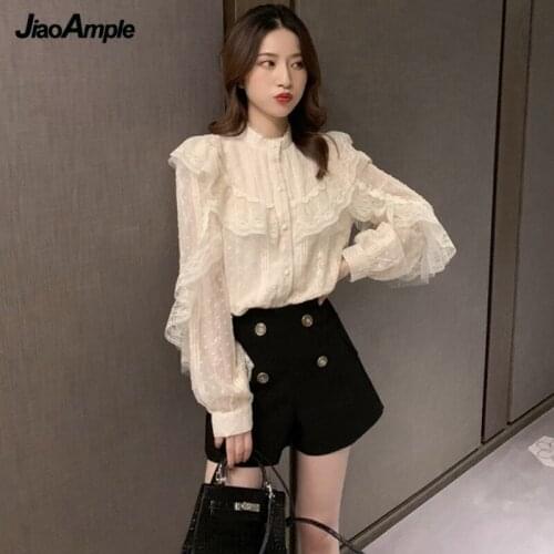 Korean Sweet Palace Style Lace Full Sleeve Chiffon Shirt for Women 2020 Autumn New Girls Graceful Solid Blouse Lady Fashion Tops