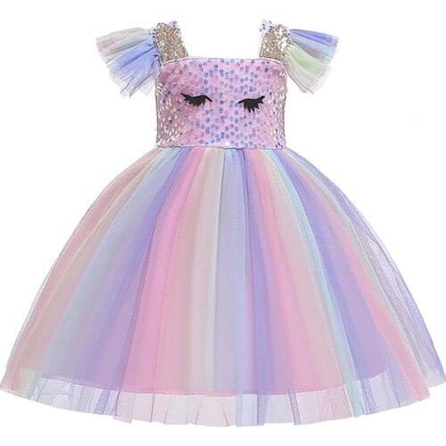 Summer Kids Dress for Girls Colorful Rainbow Unicorn Dress Sequin Baptism Dresses for Girls Birthday Party Princess Tutu Dresses