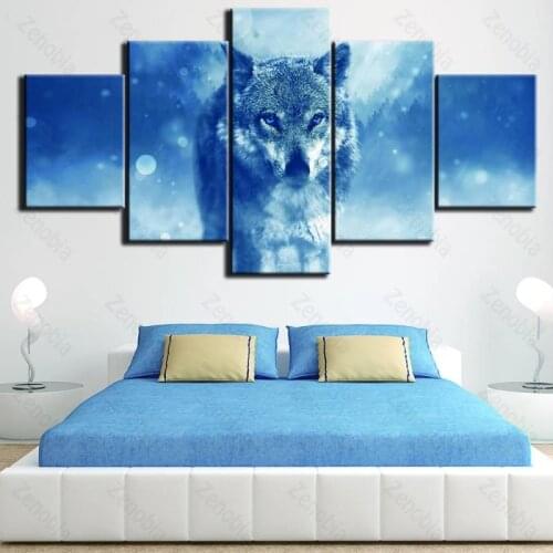 Poster Animal Blue Wolf Braving Blue Bubbles Wall Art Decoration Canvas Painting for Living Room and Bedroom Hd Print Frameless