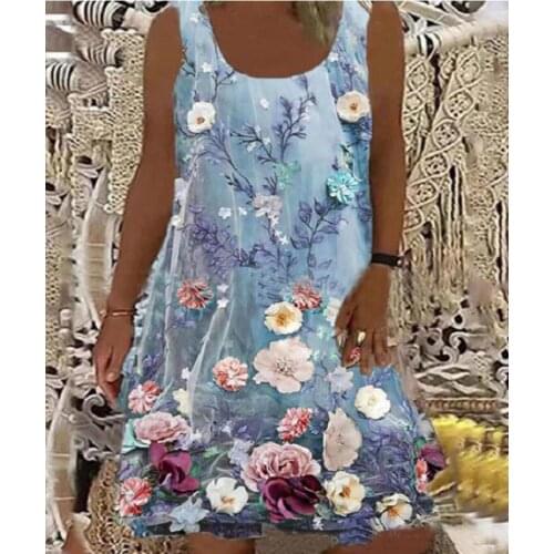 Casual Floral Print O-Neck All-Match Dresses 2021 Fashion Tank Loose A-Line Midi Dress Women Sexy Sleeveless Summer Party Dress