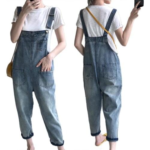 Casual Women Pockets Loose Suspender Denim Overall Dungarees Ninth Trousers Jean Jumpsuit Women Overalls Jean Suspender Pants