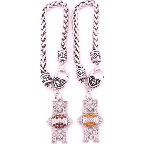 Drop Shipping antique sliver plated zinc studded with sparkling crystal MOM FOOTBALL sporty charm bracelet