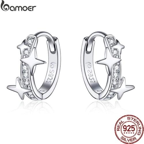 BAMOER Small Hoop Earrings Gold Huggie 925 Sterling Silver Clear CZ Universe Galaxy Earrings for Girl Gifts Jewelry BSE076