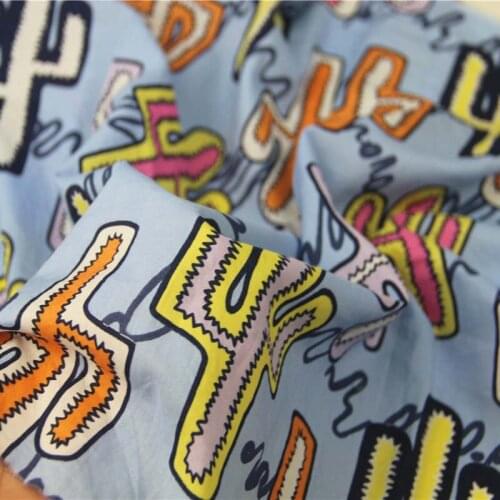 Light Blue Color Contrast Cartoon Big Catcus 100% Combed Cotton Fine Thin Fabric for Handmade Summer Dress Shirt Blouse Craft