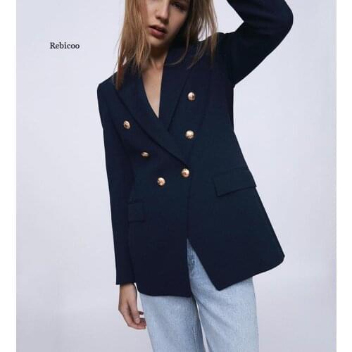 Spring Blazers Fashion With Metal Buttons Blazers Coat Vintage Long Sleeve Back Vents Female Outerwear Chic Tops