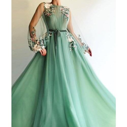 Green Tulle Appliques Evening Dresses Long Illision Sleeves Dubai Caftan Formal Evening Party Gowns Robe De Soiree