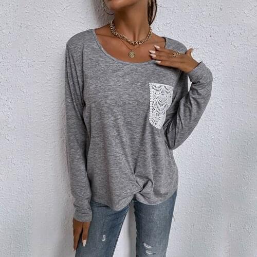 Women Fashion Top Lace Pockets Casual Loose T Shirts Female O Neck Long Sleeve Solid Pullover Spring Autumn Tees