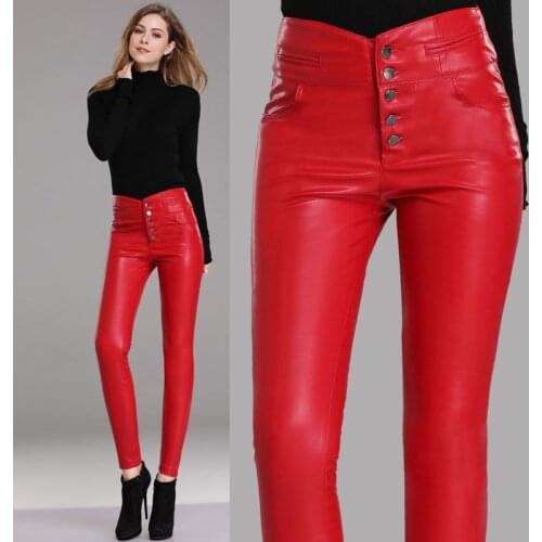 Winter Fall Korean Ladies Woman Red High Waisted Pu Leather Skinny Pencil Pants , Autumn Women Fleece Button Fly 3xl Trousers