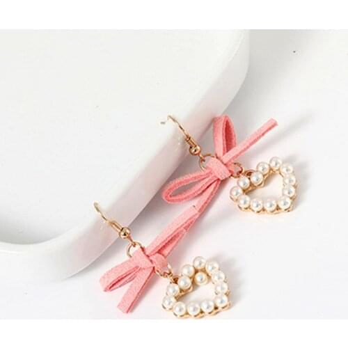 2020 Korean Pink Cloth Bow Knot Love Earrings For Women Pendientes Heart Simulated Pearl Stud Earrings Boucle D'oreille Brinco