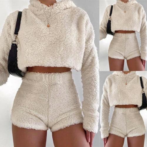Womens 2pcs Fleece Set Tracksuit Lounge Wear Teddy Bear Hooded Crop Tops Shorts
