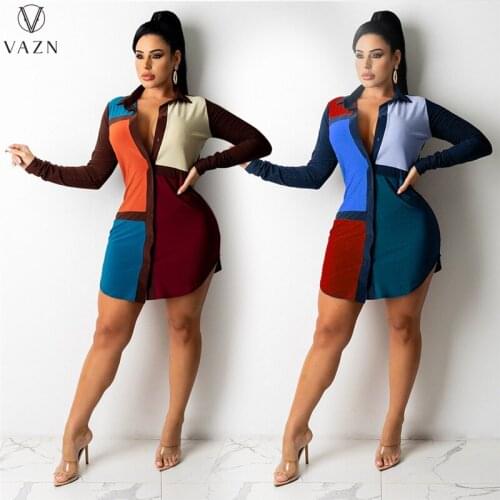 VAZN 2021 New Fashion Women Young Street Casual Style Short Dress Long Sleeve Lapel Stitching Color Mini Short Shirt Dress