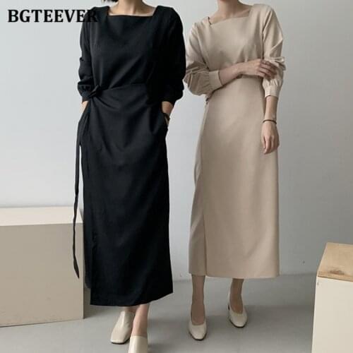 BGTEEVER Chic OL Style Square Collar Women Mid-length Dress 2021 Summer Long Sleeve Lace-up Female Straight Dress Vestidos