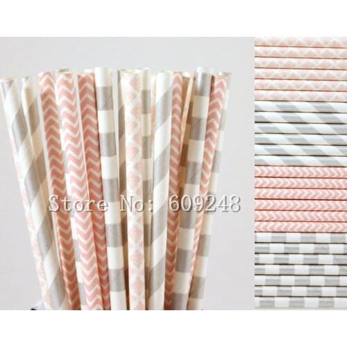 100pcs Drinking Paper Straws Mix,Light Pink Chevron and Damask,Silver Stripe and Sailor Striped,Wedding Party Novelty Cocktail