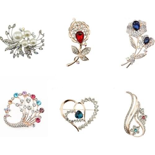 30pcs/lot 6styles hot sell 50mm flower/peacock/heart/lily/swan Jewelry shining Rhinestone Pin Brooches for wedding