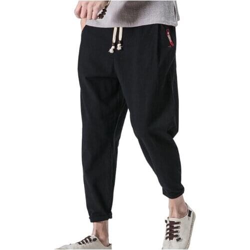 Plus Size Ankle Length Linen Pants Men Harem Pants Flax Embroidery solid Linen Cotton Mens Pants Collapse Trousers Size M-5XL