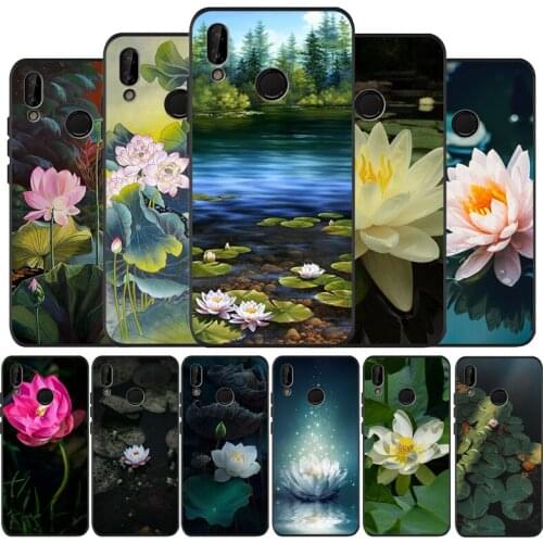 Lotus pond black Silicone soft Phone Case for huawei P40 P30 P20 P10 Pro P9 Lite Psmart 2019 Y6 Y9 cover