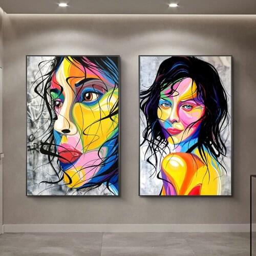 Color Line Art City Street Graffiti Charming Girl Posters Prints Red Yellow Woman Canvas Wall Painting Living Room Decor Cuadros