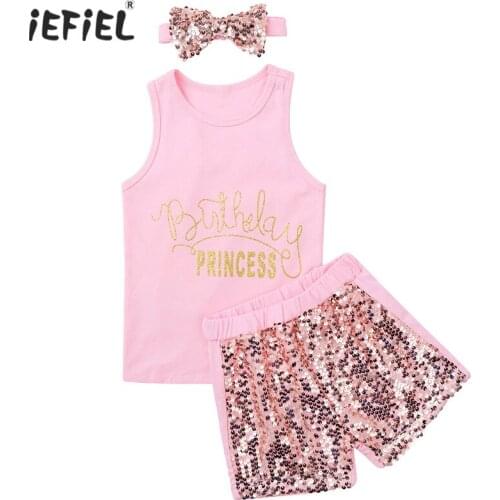 Kids Girls Glittery Letter Birthday Princess Printed Sleeveless Vest Tank Tops with Sequined Shorts Bowknot Headband Outfits Set