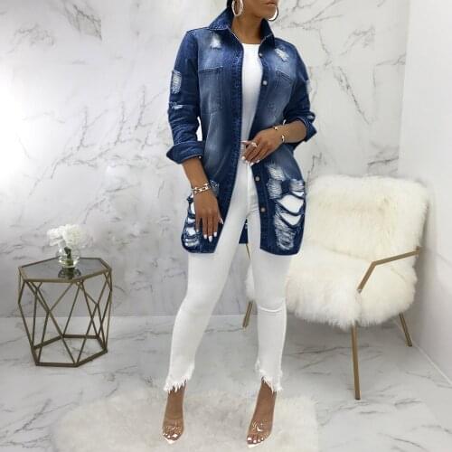 Denim Jackets Washed Blue Ripped Jeans Coat 2020 New Thin Women Jacket Autumn Winter Casual Holes Female Collar Outwear Jacket