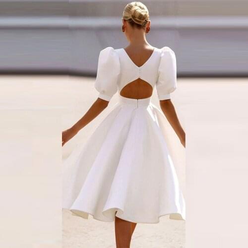 Elegant Puff Short Sleeve Tunic Party Dress Women Sexy Backless Buttoned A-Line Dress Lady Hollow Out O Neck Office Dresses