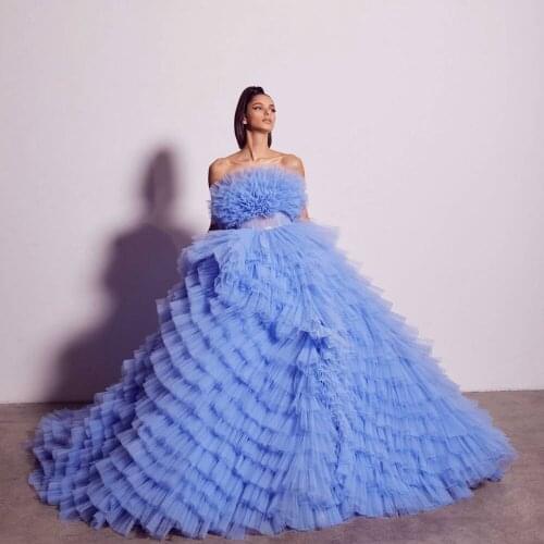 Elegant Strapless Prom Dresses Puffy Tiered Tulle Show Formal Dress Abendkleider Evening dress Party Gowns Robe de