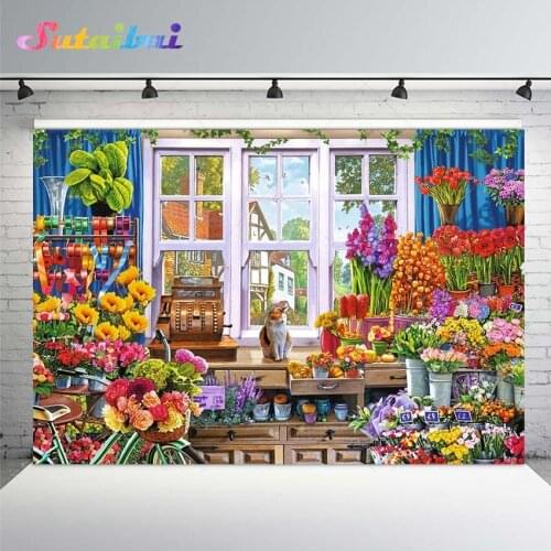 Flowers Store Shop Photo Background Window Curtains Cat Garden Cottage High Quality Computer Print Wedding Backdrop Decorations