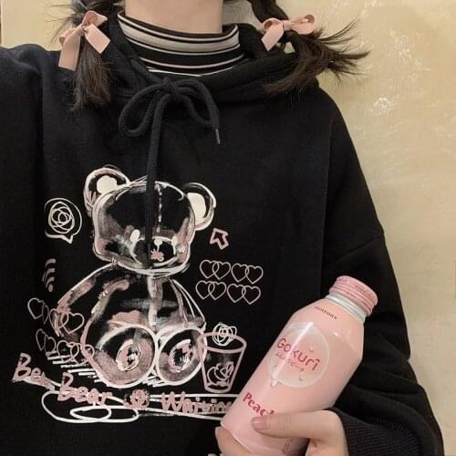 HOUZHOU Black Kawaii Japan Preppy Style Hoodie Women Harajuku Thin Oversize Vintage Pullover Egirl Streetwear Sweatshirt Fashion