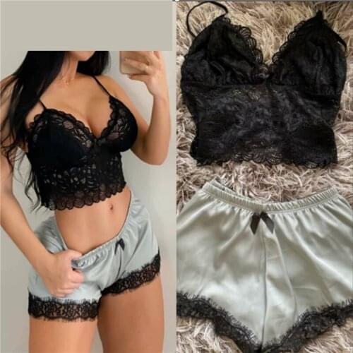 Two Pieces Summer Women Sexy Pajamas Set Sleeveless V Neck Camisole Loose Elastic Waist Patchwork Shorts Fashion Female Homewear