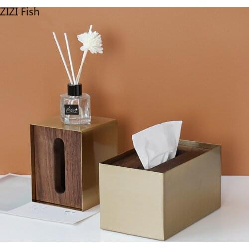 Natural Walnut Wood Tissue Box Golden Removable Tissue Boxes Dinner Table Napkin Holder Paper Towel Organizer Box Home Decor