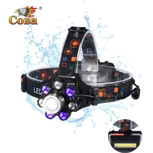 Coba led T6 headlamp cob headlight usb rechargeable 8 bulbs 9 modes with purple head light waterproof hunting running light