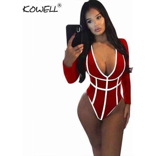 Hot Sale Long Sleeve Bodysuit Jumpsuit Women Rompers Bodycon Black Red Elegant Patchwork Deep-V One Piece Skinny Sexy Bodysuit