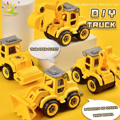 HUIQIBAO DIY Screwing Engneering Car Assembly Nut Blocks Excavator Roller Drilling Truck Building Construction Toy for Children