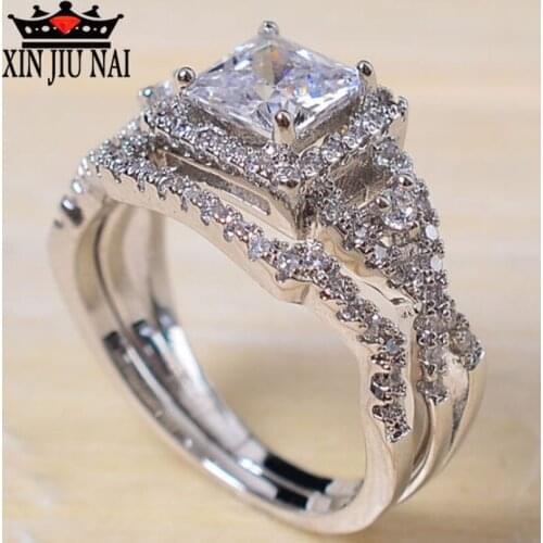 Fashion CZ Silver White Lady Ring Square High Quality Flash AAA Zircon CZ Engagement Ring Set Elegant Lady Jewelry