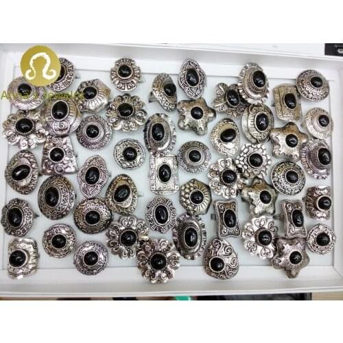 New! Factory Directly Sales Shop Wholesales Size Shape Mix Natural obsidian Tibetan Sliver rings Men Jewelry 50pcs/box