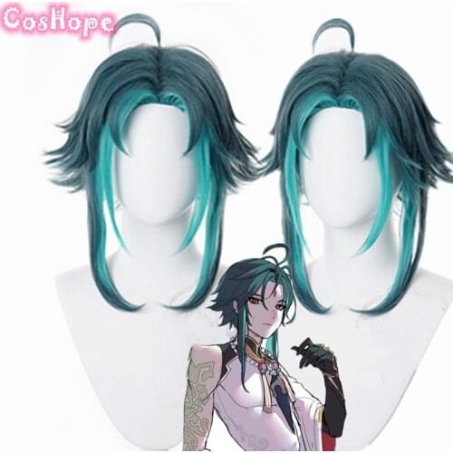 Genshin Impact Xiao Cosplay Men 40cm Green Mixed Wig Cosplay Anime Cosplay Wigs Heat Resistant Synthetic Wigs Halloween