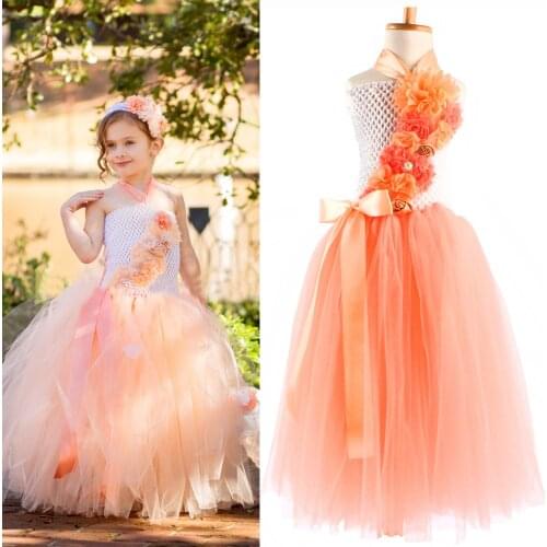 Cute Girls Orange Flowers Tutu Dress Kids Crochet Tulle Dress Ball Gown with Ribbon Bow Children Wedding Party Costume Dresses