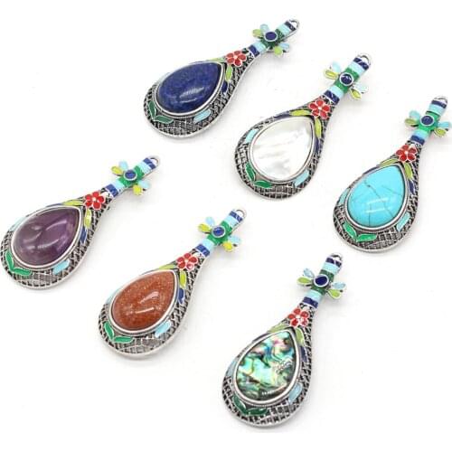 Natural Stone Pendants Turquoises Malachite Tibetan Silver Alloy Pendant for DIY Retro Necklace Earrings Jewelry Making