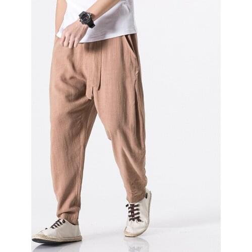 Dropshipping Men Casual Harem Pants Loose Cotton Linen Trousers Man Japanese Style Sweatpants Fashion Mens Baggy Pants Joggers