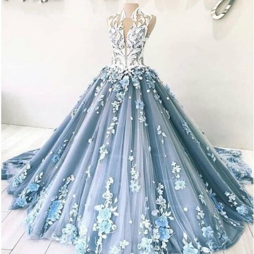Dusty Blue Evening Dresses Applique Evening Dresses Long Tulle Luxury Formal Gowns Arabian Vestido Longo robe de soiree