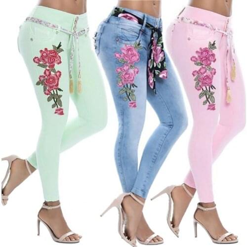 Plus Size Jeans Women Summer Denim Pants High Waist Skin-friendly Floral Embroidery Pencil Pants Office Skinny Trousers