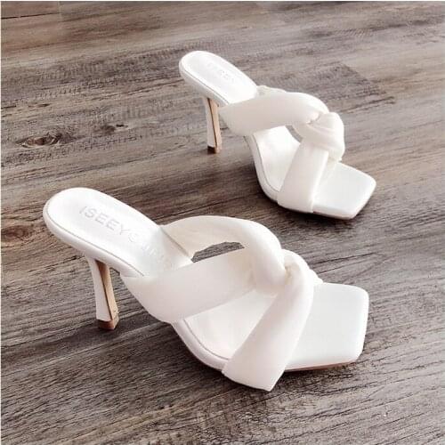 Womens Sandals New Weave Heeled Sandals Women Shoes 2020 Heat Square Toe Sandals Summer Women Sandals Women Slippers