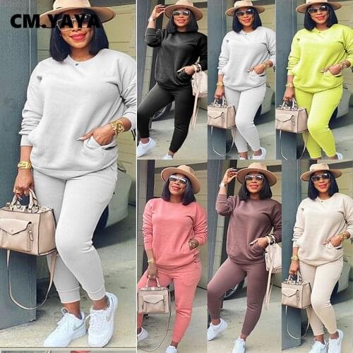 CM.YAYA Activewear Autumn Womens Set Full Sleeve Sweatshirt Legging Pant Suits Pockets Tracksuit Fitness Two Piece Set Outfits
