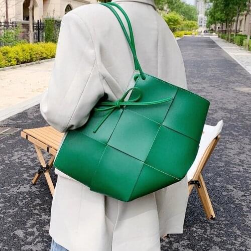 Weaving Large Capacity Big PU Leather Shoulder Bags For Women 2021 Summer Trend Female Branded Green Handbags And Purses